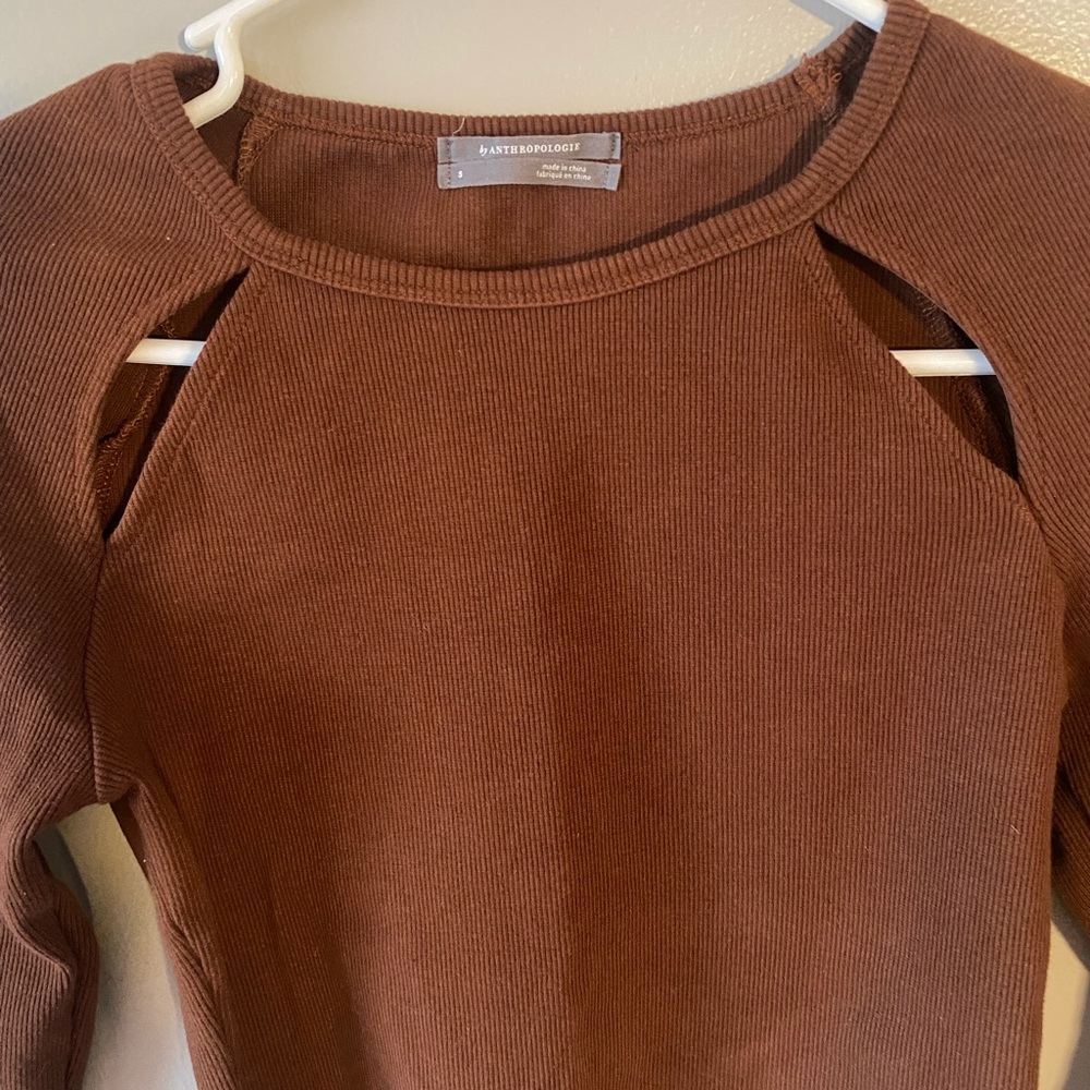 Anthropologie knit cut out brown Raglan Long Sleeve Top sz S